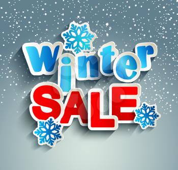 Winter sale inscription with snowflakes in paper style against snowfall, vector.