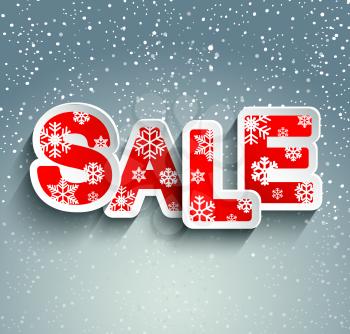 Sale inscription with snowflakes in paper style against snowfall, vector.