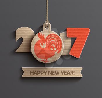 Happy New Year 2017. Year of roster 2017 with ribbon and text happy new year. Vector illustration.
