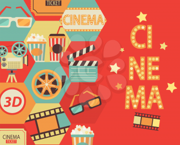 Movie design background with cinema icons in flat style. Vector.