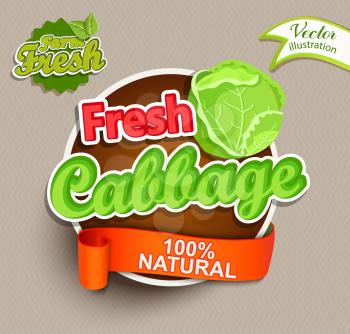 Fresh cabbage logo lettering typography food label or sticker. Concept for farmers market, organic food, natural product design.Vector illustration.
