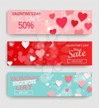 Sale header or banner set with discount offer for Happy Valentine's Day celebration. Vector illustration.
