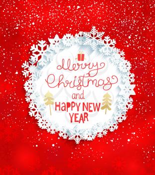 Christmas Greeting Card. Merry Christmas and happy new year lettering on red background.
