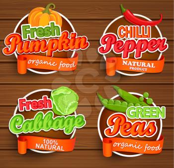 Farm fresh, organic food label - chilli pepper, pumpkin, cabbage, green peas badges or seals on the wooden background, vector illustration.