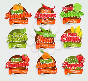 Fresh tomato, pumpkin and pepper, peas, cabbage, carrot, sweet corn, logo lettering typography food label or sticker. Concept for farmers market, organic food, natural product design.Vector.