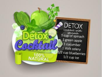 Recipe detox cocktail with cucumber, blueberry, ice, apple, spinach, mint. Vector illustration for diet menu, cafe and restaurant menu. Fresh smoothies, detox, fruit cocktail for healthy life.