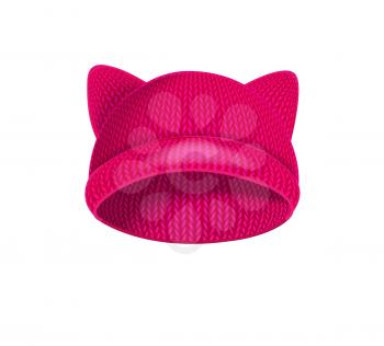 Pink knitted hat with cat ears. Vector Illustration.