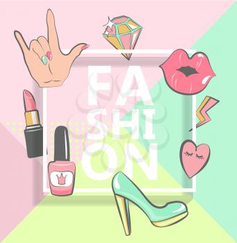 Template for fashion with stylish patch badges with lips, hearts, speech bubbles. Set of fashion stickers, icons in 80s-90s comic cartoon style. Geometric pastel background.