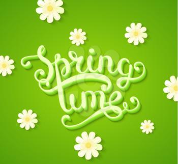 Spring time Typography Title Concept in 3D with Long Shadow Decorated with Flowers on Green Background. Realistic Vector Illustration