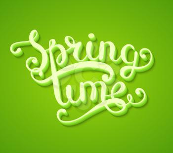 Spring time Typography Title Concept in 3D with Long Shadow on Green Background. Realistic Vector Illustration