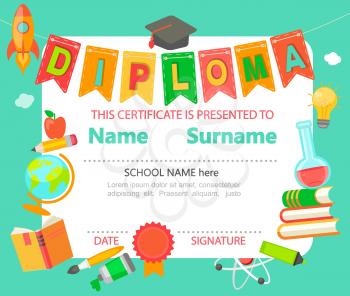 Kindergarten Preschool Elementary school Kids Diploma certificate background design template - vector illustration.