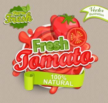Fresh tomato logo lettering typography food label or sticker. Concept for farmers market, organic food, natural product design.Vector illustration.