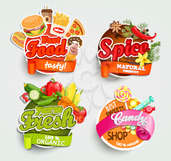 Food elements, typographical design label or sticker - fast food, spice, candy shop, farm fresh - design template. Vector illustration.