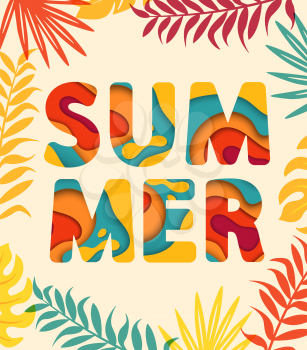 Summer card with tropical leaves on background. Vector illustration.