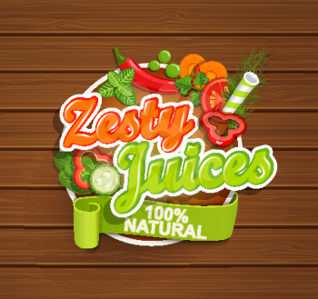 Zesty Juices symbol on wood background with vegetables. Vector illustration.