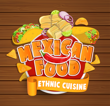 Mexican food logo, food label or sticker. Concept of ethnic cuisine mexican food, traditional product design for shops, markets.Vector illustration.