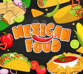 Concept of traditional Mexican Food, Tamales, Burrito, Nachcos, Taco with vegetables and sauce. Vector illustration.