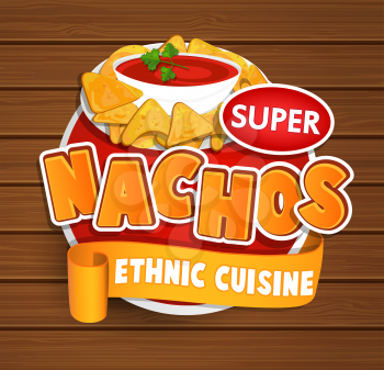 Nachos ethnic cuisine logo and food label or sticker. Concept of mexican food, traditional product design for shops, markets.Vector illustration.