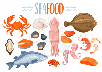 Set of seafod icons in cartoon style. Shellfish, oyster and crab, salmon, shrimp and octopus, prawn, mussel, flounder, sea fish, oysters and mussels, fish steak and caviar. Vector illustration.