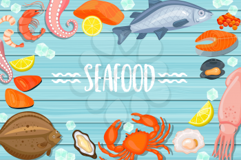 Seafood lettering on blue wooden background. Shellfish and oyster and crab, salmon, shrimp and octopus, prawn, mussel, flounder, sea fish, oysters and mussels, fish steak and caviar. Vector illustrati
