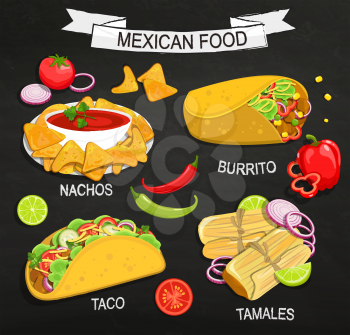 Concept of traditional Mexican Food on blackboard, Tamales, Burrito, Nachos, Taco with vegetables and salsa. Vector illustration.