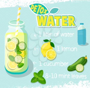Recipe for detox cocktail with cucumber, lemon, water, mint. Vector illustration for diet menu, cafe and restaurant menu. Fresh smoothies, detox, fruit cocktail for healthy life.