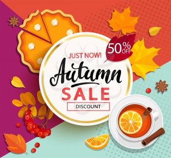 Bright banner for autumn sale with pumpkin pie, tea and autumn leaves on geometric background. Vector illustration.