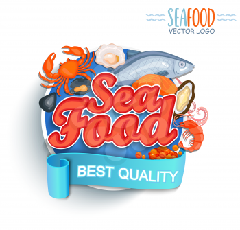 Seafood best quality logo. Shrimp and crab, oysters, fish steak and salmon caviar, octopus and mussels. For market, shops and your design vector illustration.