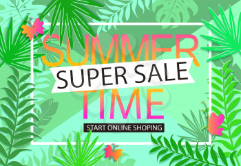 Summer sale geometric background with butterflies and tropical leaves. Vector illustration template and banners, wallpaper, flyers, invitation, posters, brochure, voucher discount.