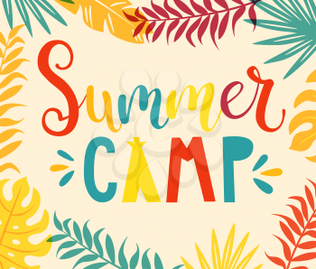 Summer camp handdrawn lettering with colourful tropical leaves on background. Vector illustration.