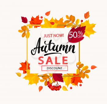 Bright banner for autumn sale in frame from leaves. Vector illustration.