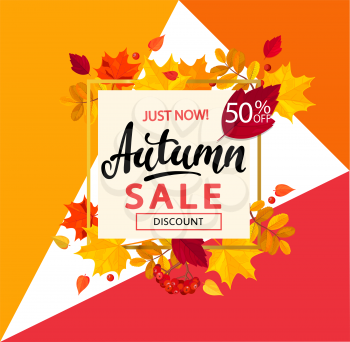 Bright banner for autumn sale in golden frame with pumpkin pie, tea and autumn leaves on geometric background. Vector illustration.