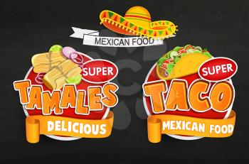Set of traditional Mexican food logo, emblems, food label or sticker. Tamales, Taco logo, sticker, traditional product design for shops, markets.Vector illustration.