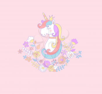 Sweet unicorn princess with flowers. Vector illustration for you design.