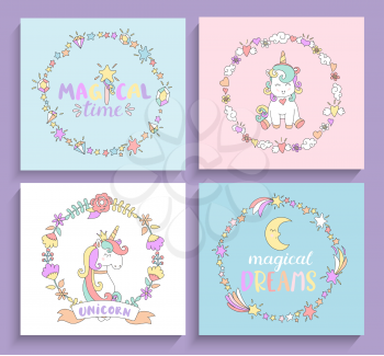 Set of magical unicorns cards with circle frames and lettering. Vector illustration for print and greeting cards, print.