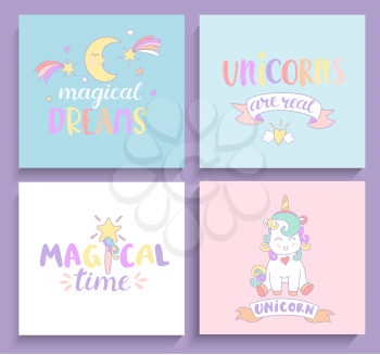 Set of magical unicorns cards with lettering. Vector illustration for print and greeting cards.