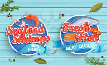 Seafood logos on blue wooden background. Seafood shrimps and fresh fish emblems and logos. Vector illustration.