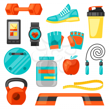 Sports and healthy lifestyle fitness icons set. Image can be used on advertising booklets, banners, flayers.