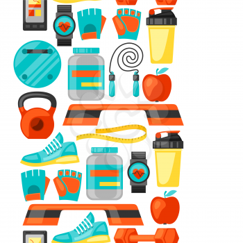 Sports and healthy lifestyle seamless pattern with fitness icons. Image can be used on advertising booklets, banners, flayers.