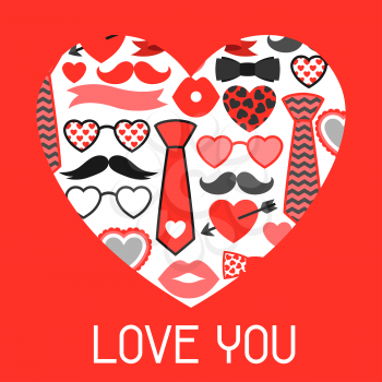 Happy valentines day greeting card. Hipster objects and love holiday symbols