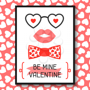 Happy valentines day greeting card. Hipster objects and love holiday symbols