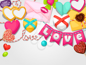 Greeting card with hearts, objects, decorations. Concept can be used for Valentines Day, wedding or love confession message.