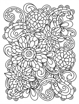 Background with line flowers for adult coloring page printing and drawing.