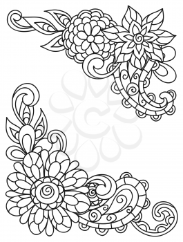 Corner vignettes with line flowers for adult coloring page printing and drawing.
