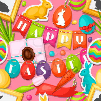 Happy Easter seamless pattern with decorative objects, eggs, bunnies stickers. Background can be used for holiday prints, textiles and greeting cards.