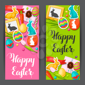Happy Easter banners with decorative objects, eggs, bunnies stickers. Concept can be used for holiday invitations and posters.