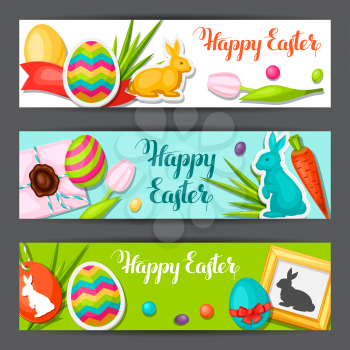 Happy Easter banners with decorative objects, eggs, bunnies stickers. Concept can be used for holiday invitations and posters.