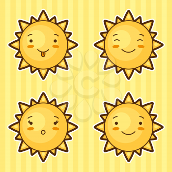 Set of kawaii suns with different facial expressions.
