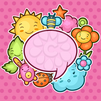 Cute child background with kawaii doodles. Spring collection of cheerful cartoon characters sun, cloud, flower, leaf, beetles and decorative objects.