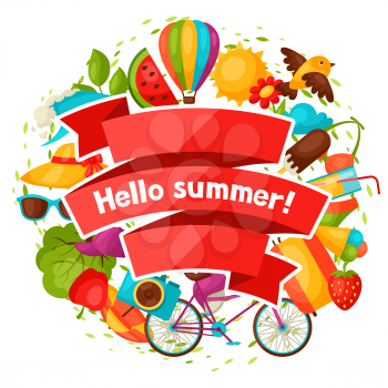 Background with stylized summer objects. Design for cards, covers, brochures and advertising booklets.